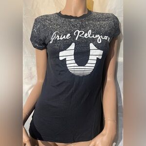 True Religion Women's Black and White Logo Tee Size S/P